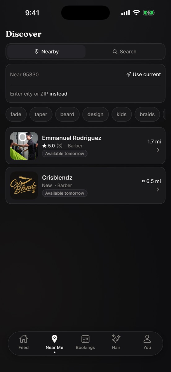 Nearby barbers in the Vadd app